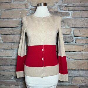 The Limited Cardigan Beige Red Stripe Knit Button Front Long Sleeve Sweater M